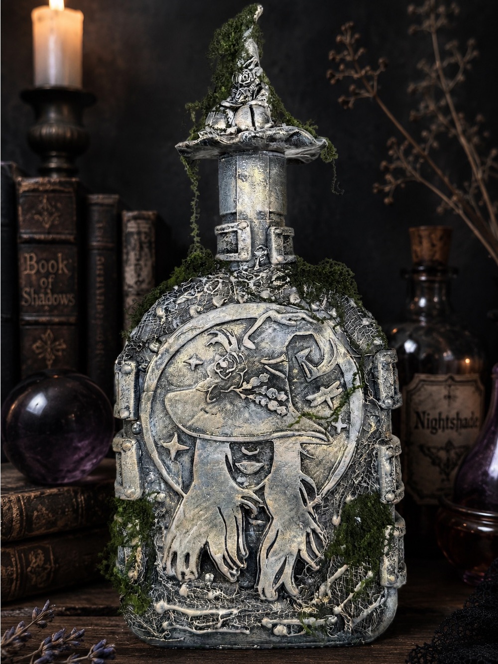 One-of-a-kind handmade decorative bottle with a gothic witchy oddities style.